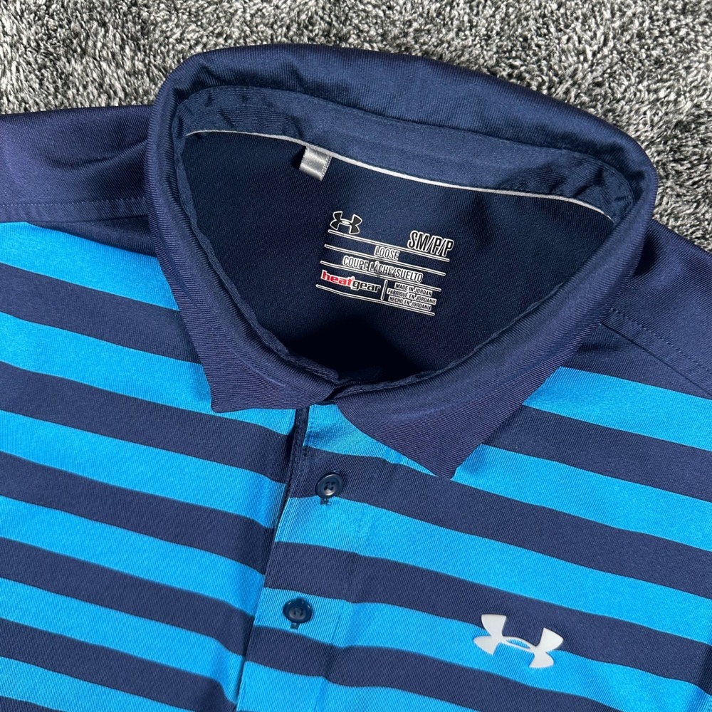 Under Armour Cold Black Polo Shirt Mens Small Loose Blue Striped HeatGear